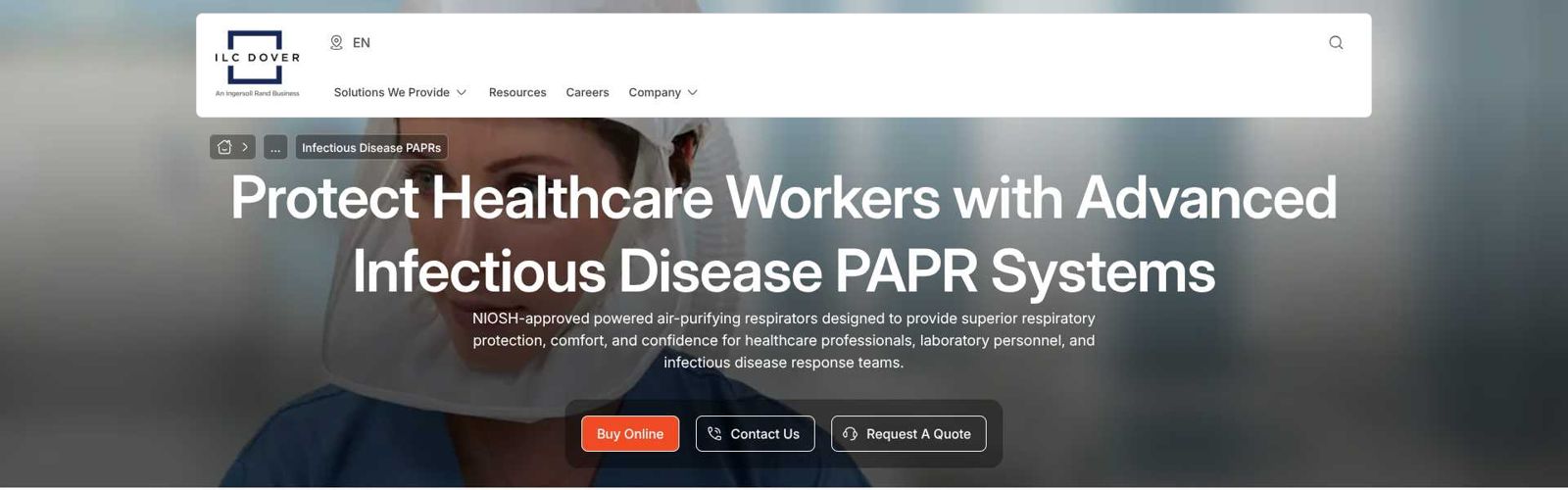 Top of the Infectious Disease PAPR page on a first visit: the Buy Online, Contact Us and Request A Quote buttons are clear, with no cookie banner